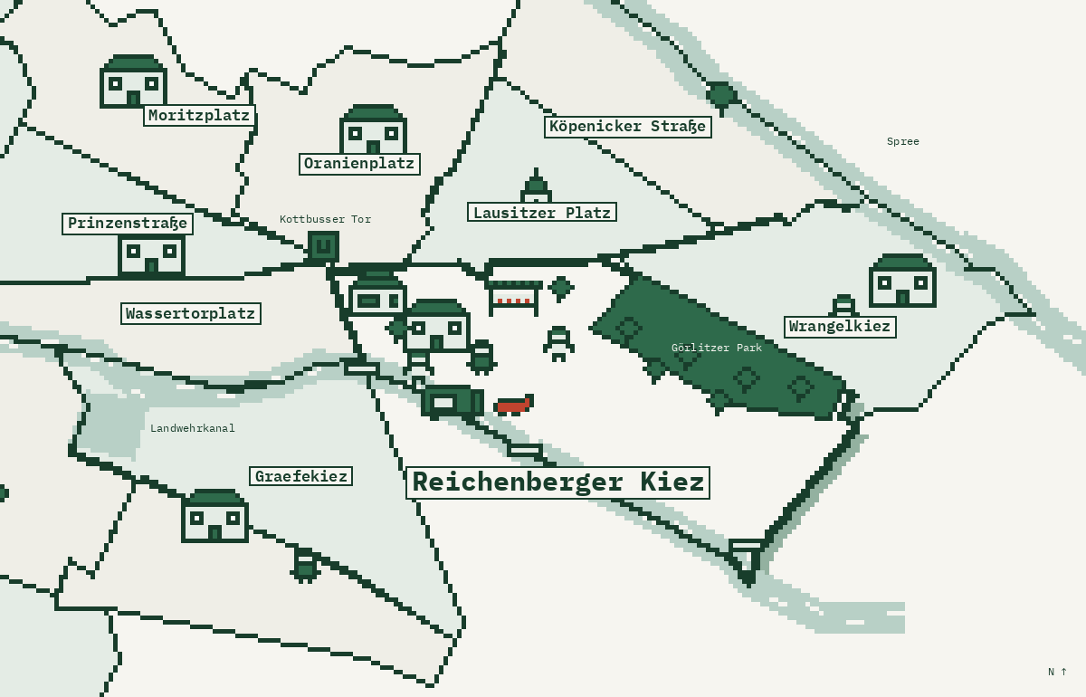Karte von Kreuzberg: der Reichenberger Kiez ist hervorgehoben, drumherum die Kieze, in die lokal als Nächstes kommen könnte.