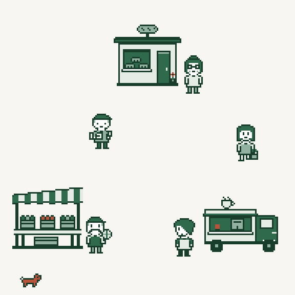 Nachbarn, ein Marktstand, ein Laden und ein Kaffeewagen im Kiez, als Pixelbild
